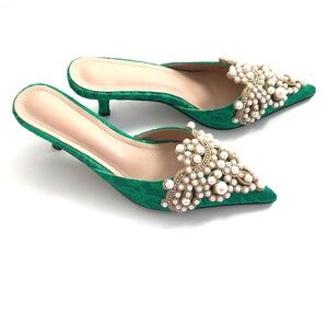 Pearl Kitten Heels Shoe Green New Women’s Size 8 EU 39 Lace Low Heel Slip On